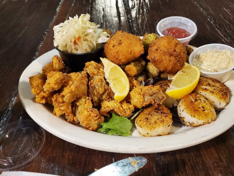 Seafood platters served in a bright, relaxed restaurant.