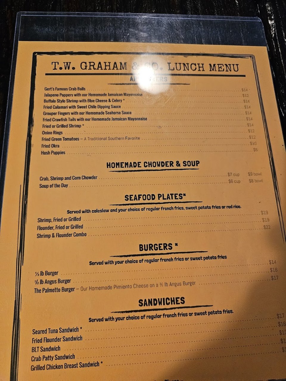 Menu section listing chowder, soup, and fried seafood.